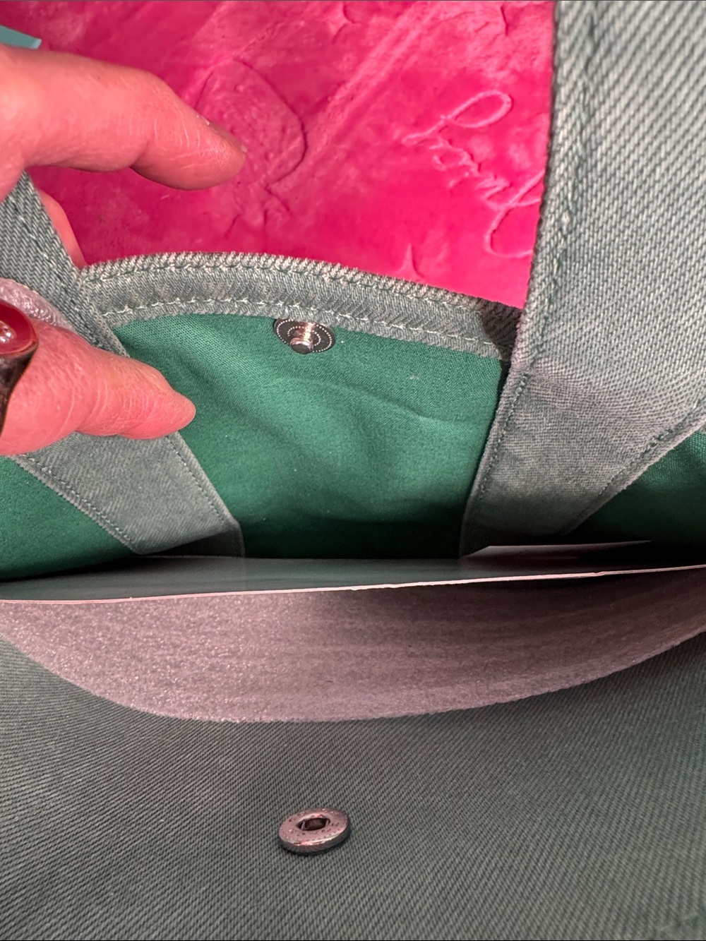 Coach 2557 Teal Denim Cargo Tote CBG46 Turnlock Snap Pockets Green Interior NWT - Picture 9 of 12